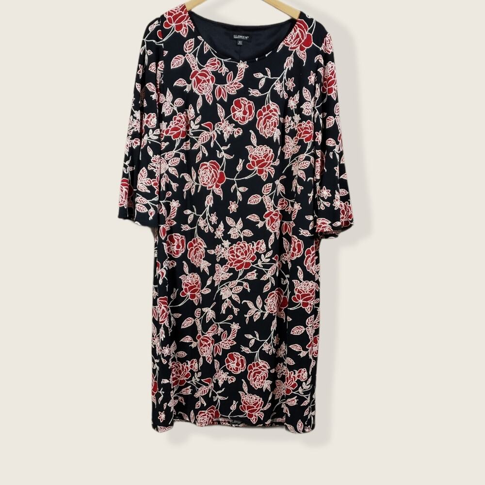 Glamour red textured floral print bell sleeve midi A-line dress woman's sz 14W‎